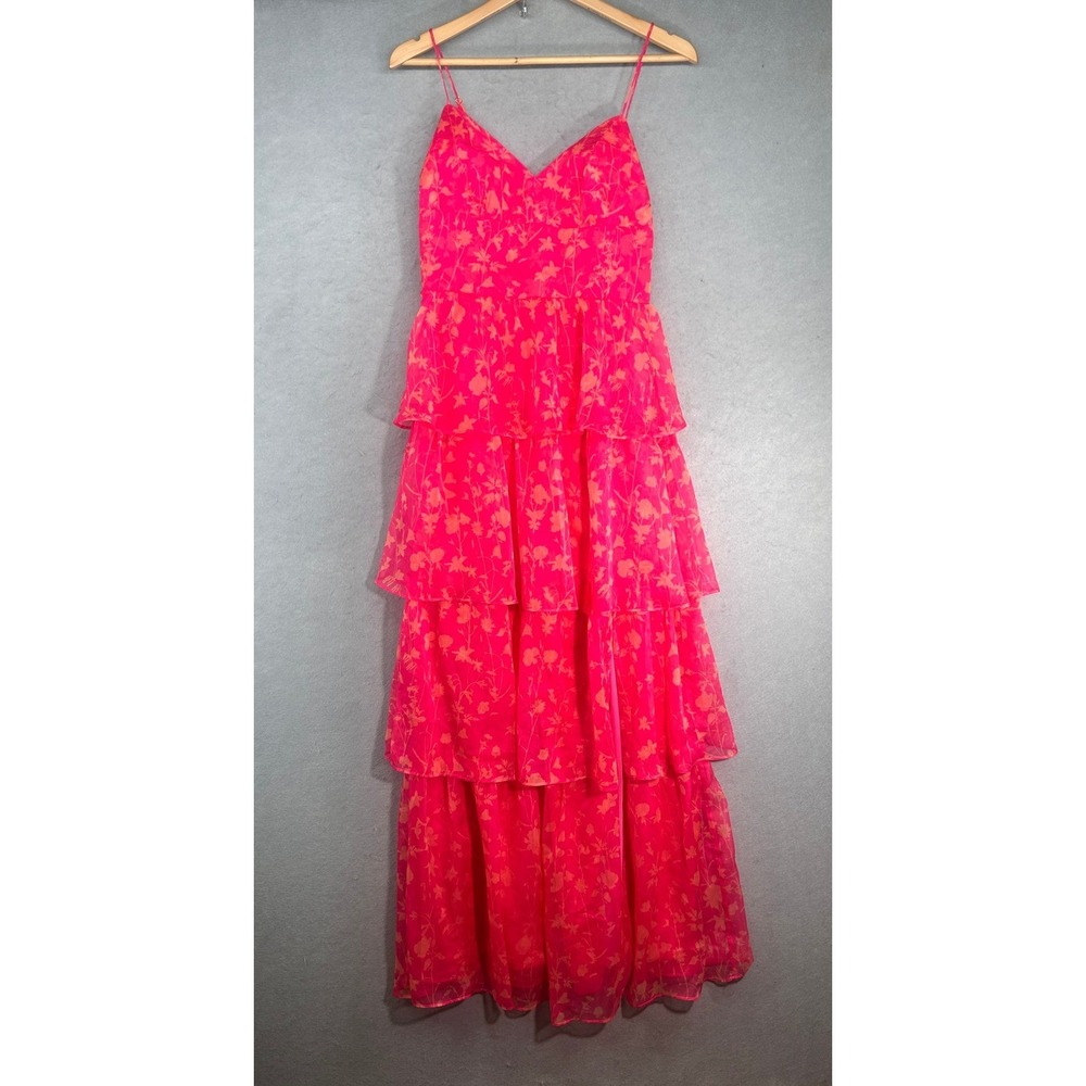 Amanda Uprichard Neon Pink Orange Floral Tiered Maxi Dress Sleeveless Size L